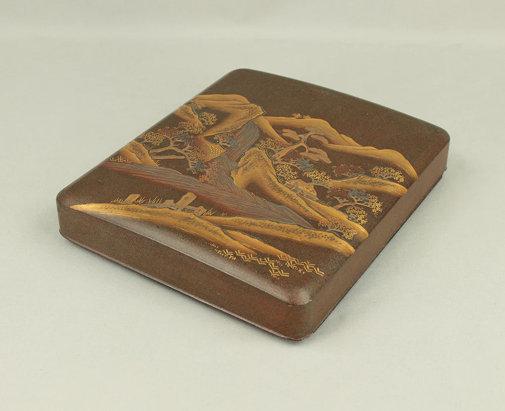 Gold Lacquer Makie Suzuribako (Inkstone Box) Nashiji Makie Landscape and Phoenix with Box VA664 - Image 2