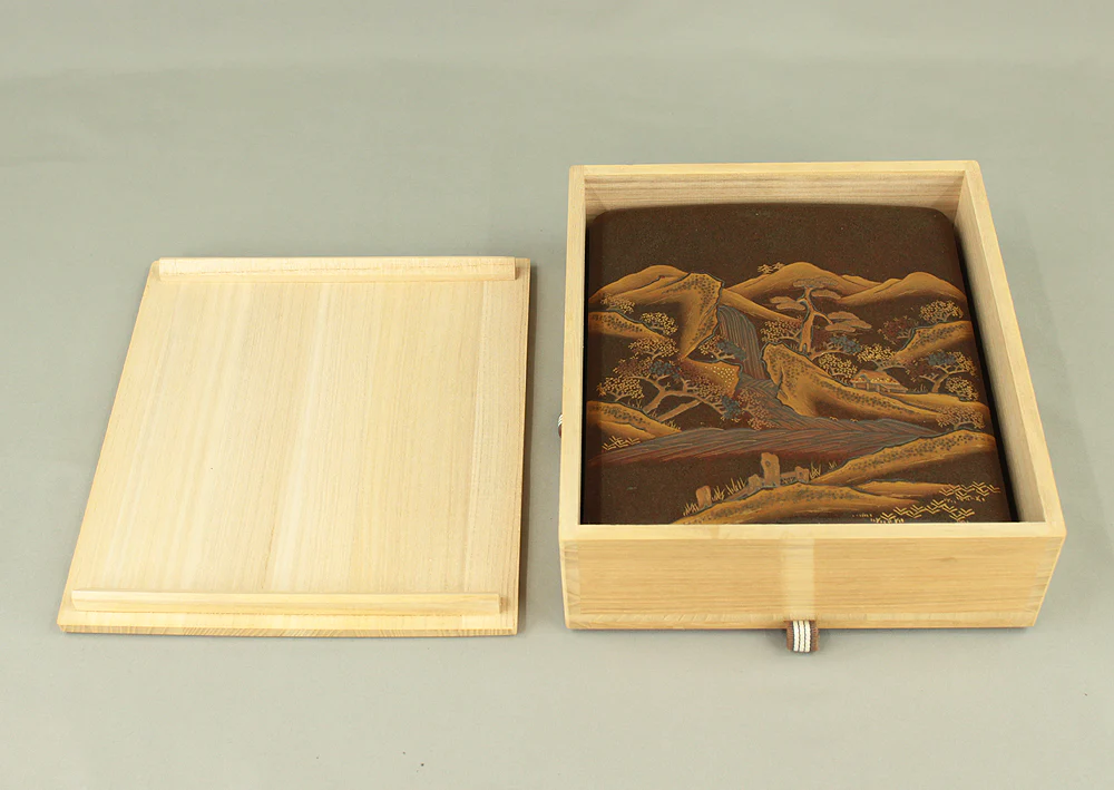 Gold Lacquer Makie Suzuribako (Inkstone Box) Nashiji Makie Landscape and Phoenix with Box VA664 - Image 46