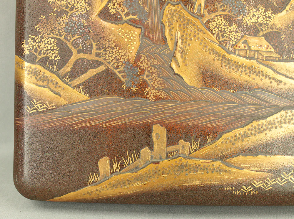 Gold Lacquer Makie Suzuribako (Inkstone Box) Nashiji Makie Landscape and Phoenix with Box VA664 - Image 8