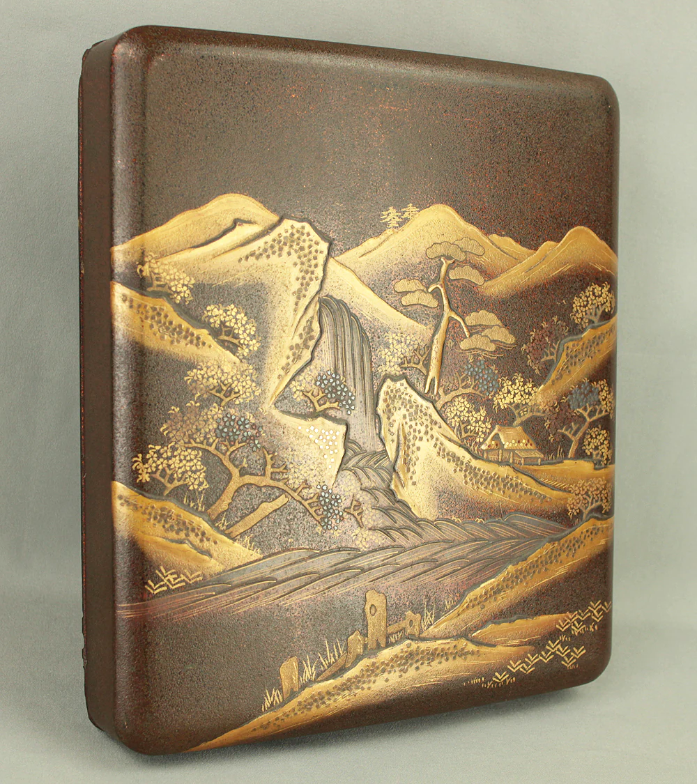 Gold Lacquer Makie Suzuribako (Inkstone Box) Nashiji Makie Landscape and Phoenix with Box VA664 - Image 9
