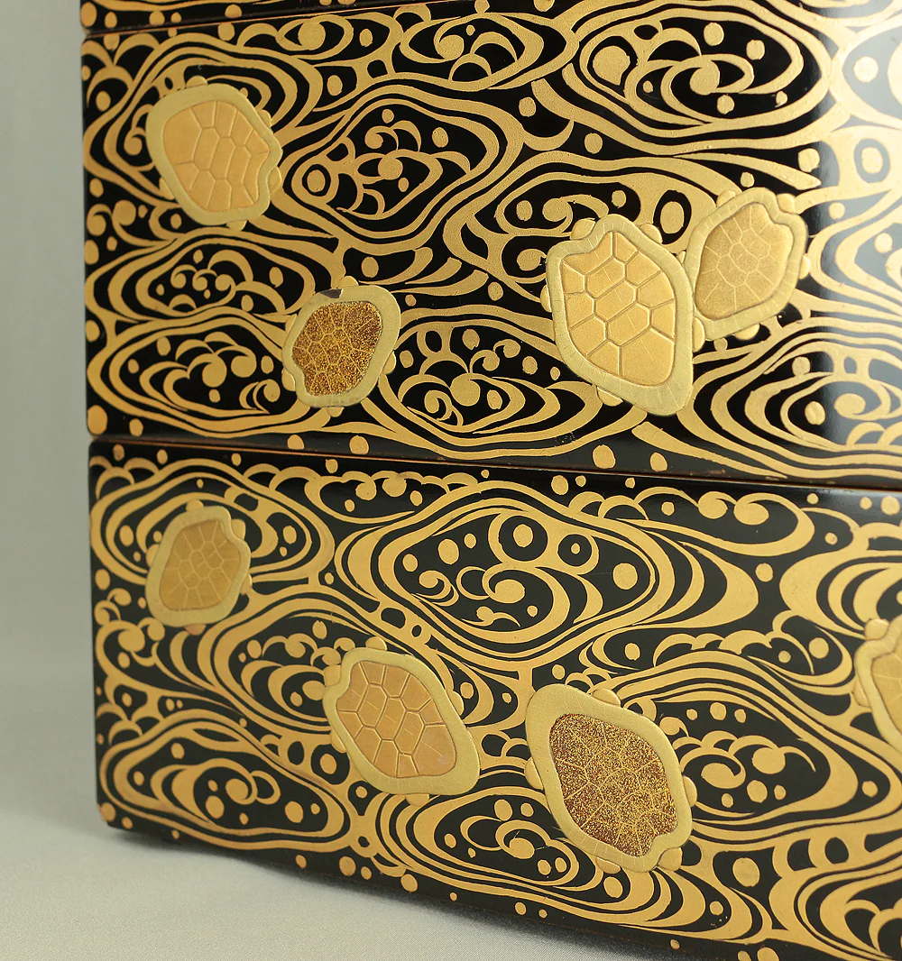 Gold Lacquer Nashiji Makie Five-Tiered Box Jubako 'Tortoise and Wave' with Small Plates Storage Box VA333 - Image 19