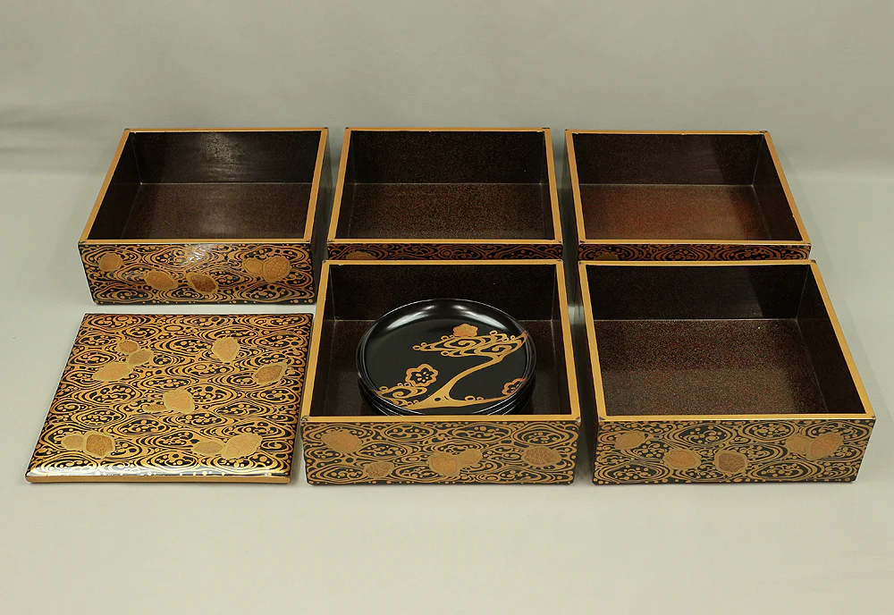 Gold Lacquer Nashiji Makie Five-Tiered Box Jubako 'Tortoise and Wave' with Small Plates Storage Box VA333 - Image 21