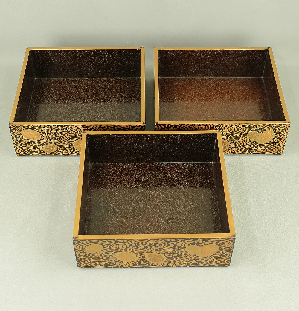 Gold Lacquer Nashiji Makie Five-Tiered Box Jubako 'Tortoise and Wave' with Small Plates Storage Box VA333 - Image 22
