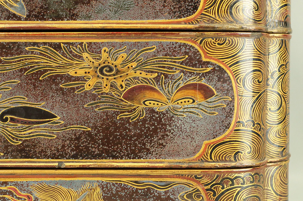 Gold Wave pattern Lacquered Five-Tiered Box Jubako Makie Gold lacquered 'Animal, Flowers and Bird' with Box VA247 - Image 112