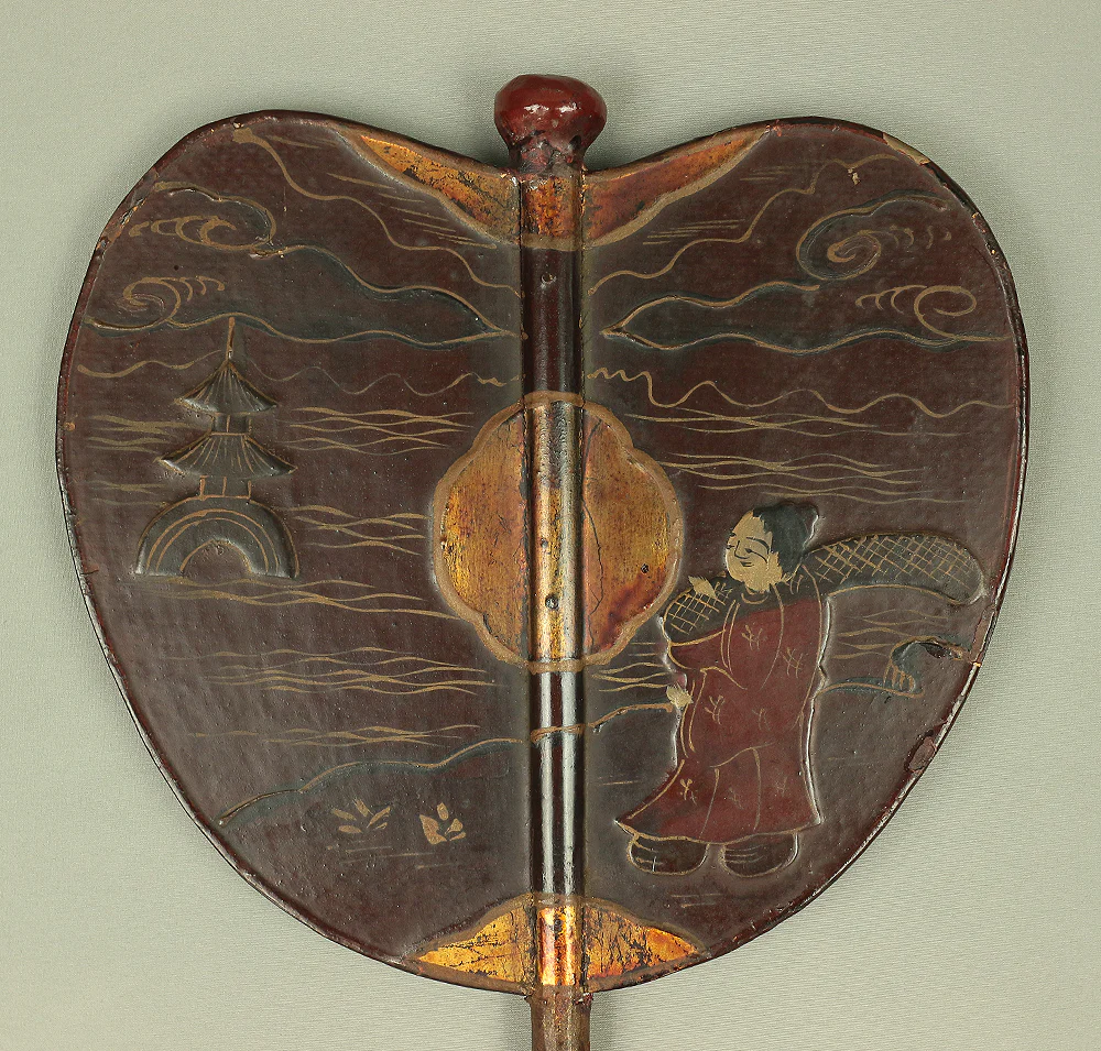 Gunbai Samurai Military Leader's Fan Edo period Hand fan Gold Decoration 'Bard and Pagoda in River' 「一夕之聖」 VA232 - Image 3