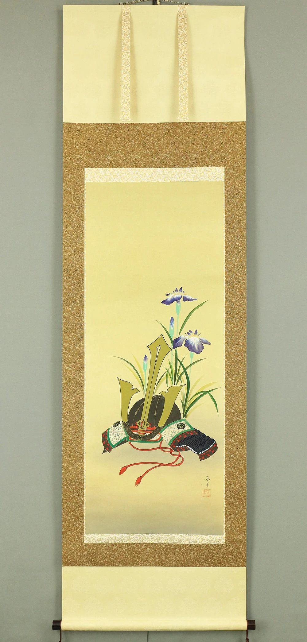 玉豊 GYOKUHO Japanese art kakejiku kakemono wall hanging scroll / Iris Flower & Kabuto Musha Samurai Helmet Celebrates Boy's Festival I294 - Image 2
