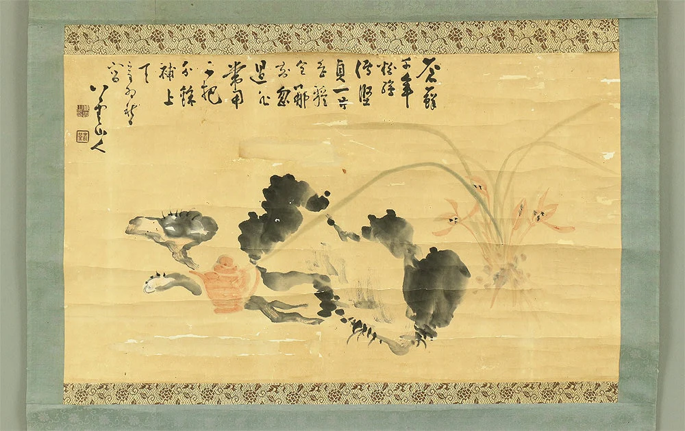 八雲山人 HACHIUN SANJIN Japanese antique art Big kakejiku kakemono wall hanging scroll / Orchid,Reishi Mashroom,Tea pot,Rock Nature Scenery I575