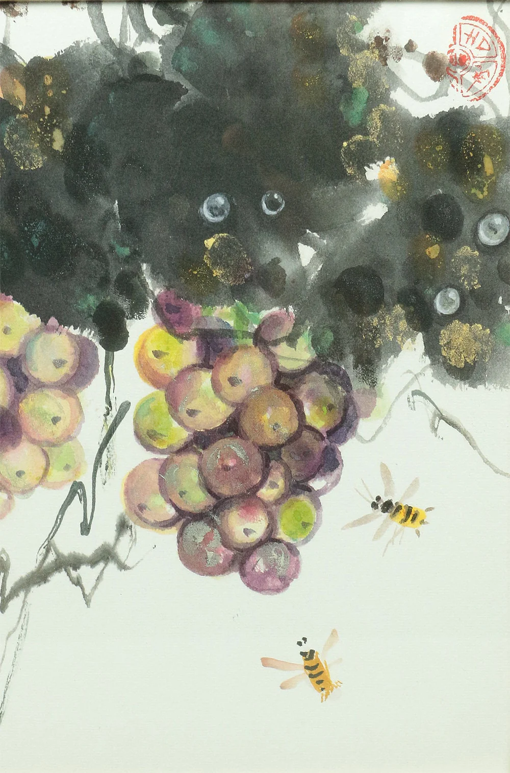 濱田珠鳳 Hamada Juho (1943-2021 Nov, Finger paint artist) "Grape and Bee" Japanese framed painting Shikishi paper board artwork Finger painting - Image 3