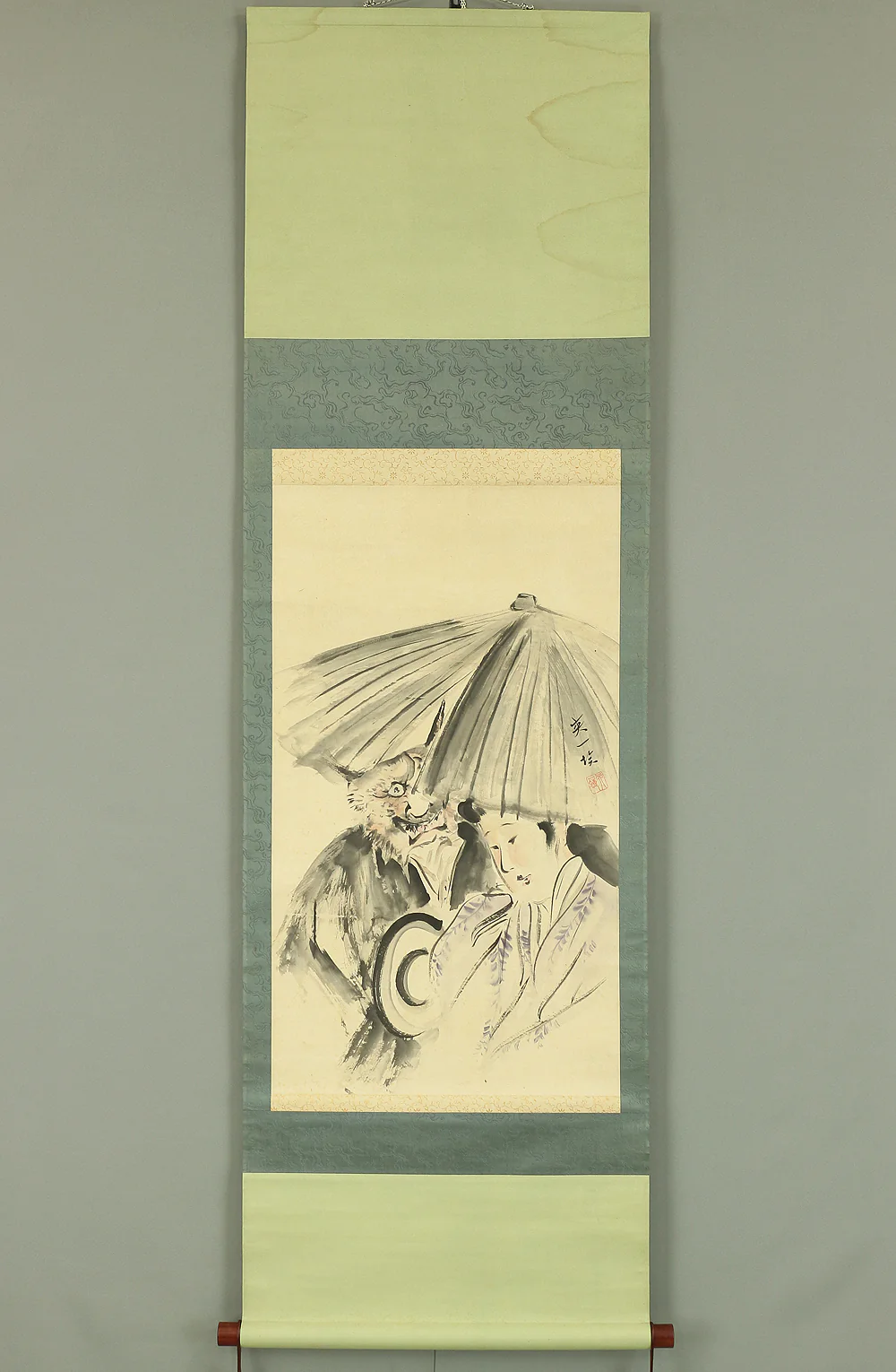 Hanabusa school Japanese antique art kakejiku kakemono wall hanging scroll / Oni & Beautiful Woman under Umbrella with Box A152 - Image 2