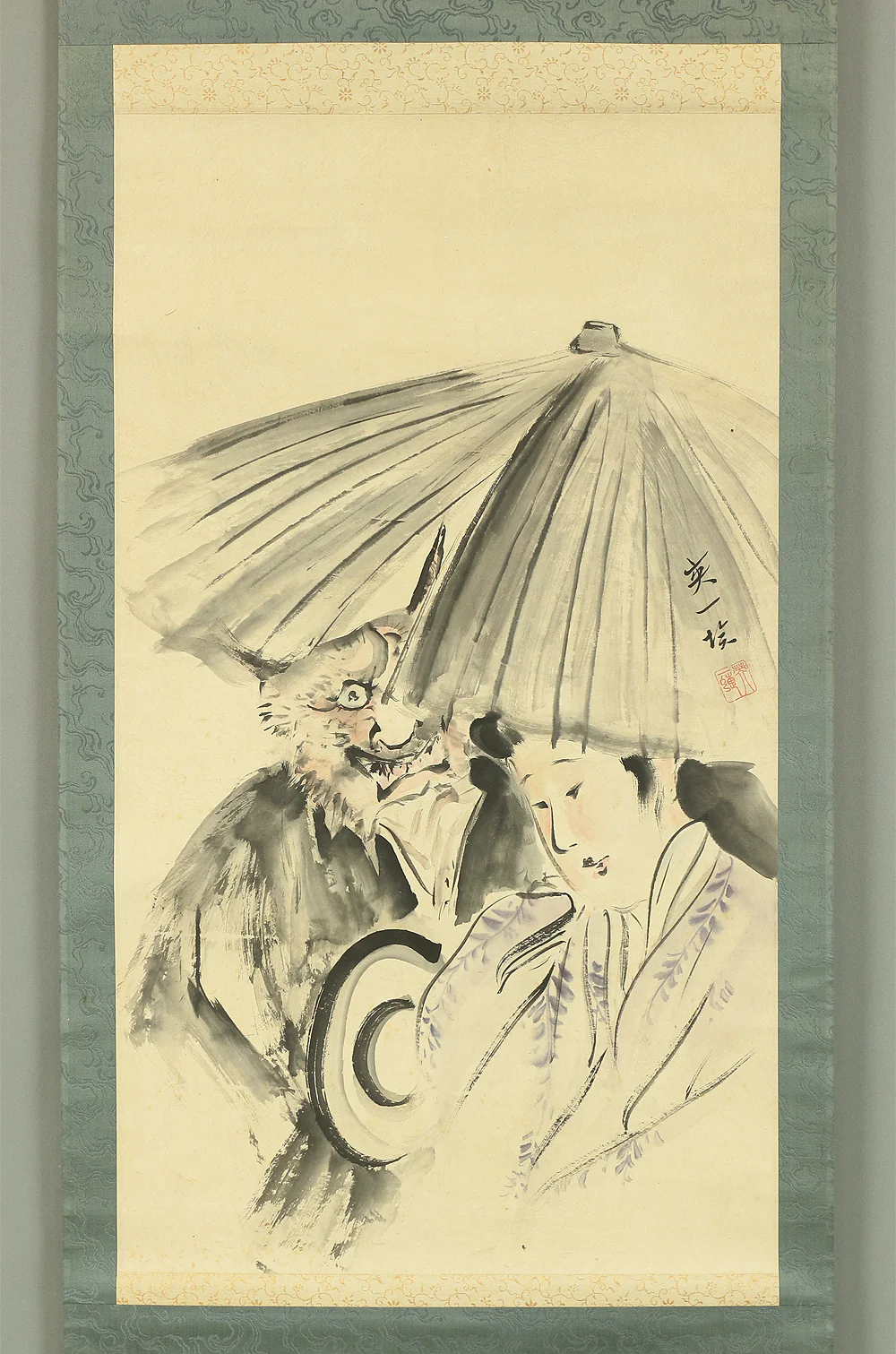 Hanabusa school Japanese antique art kakejiku kakemono wall hanging scroll / Oni & Beautiful Woman under Umbrella with Box A152 - Image 3