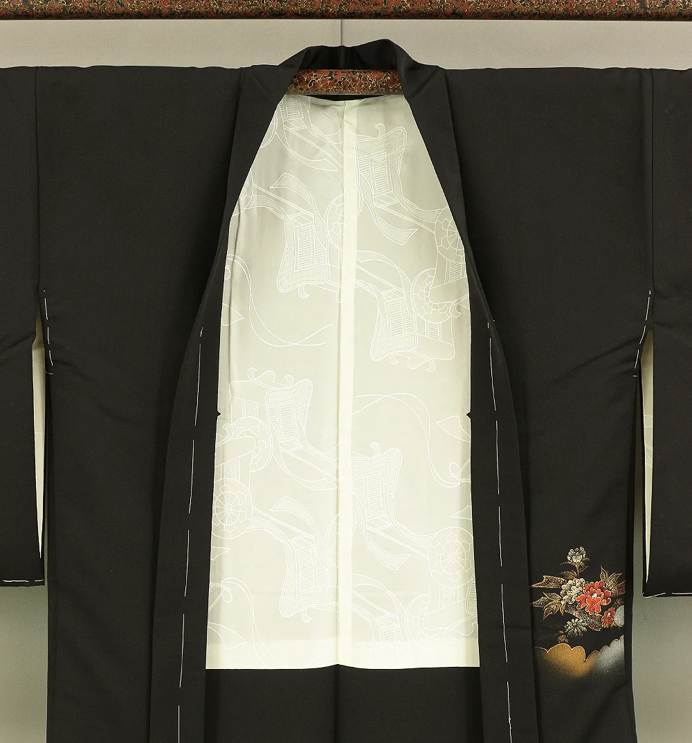 Haori Japanese Kimono Coat with Black Color Pattern Chrysanthemum Peony Plum and Ox-Drawn Coach KI176 - Image 12
