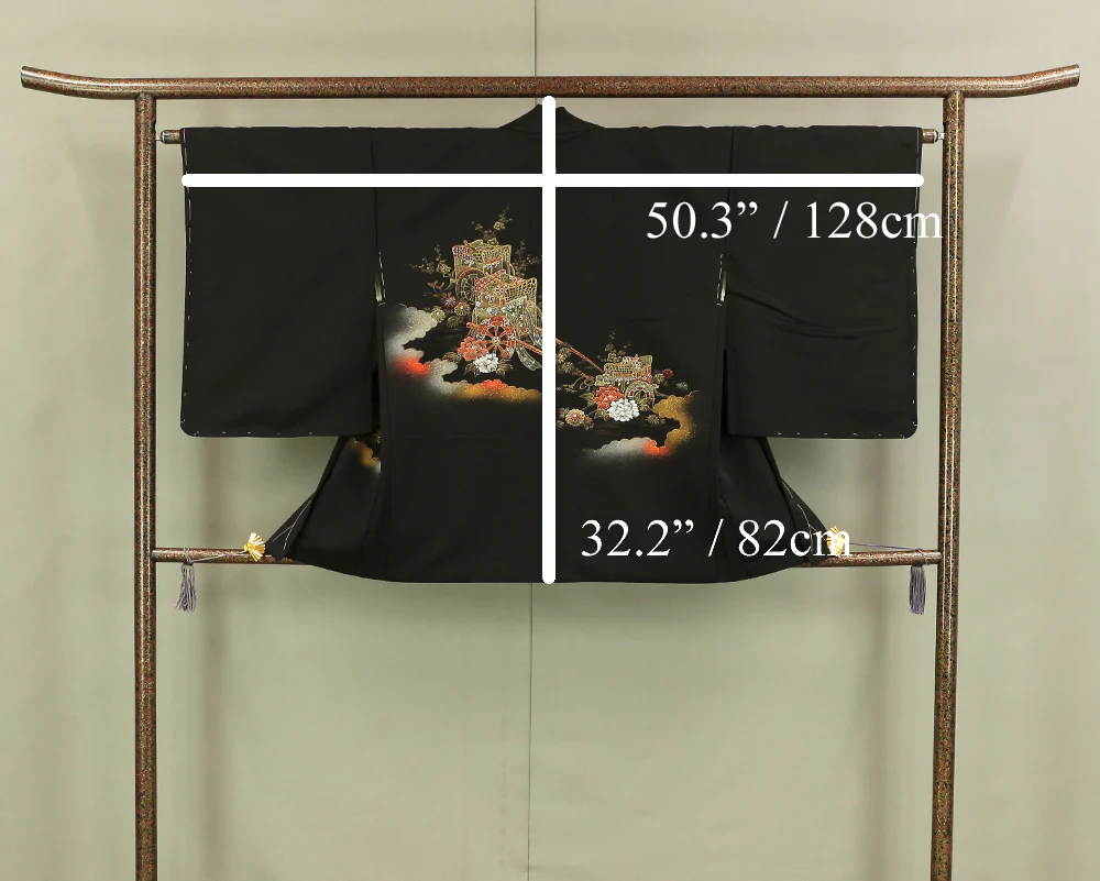 Haori Japanese Kimono Coat with Black Color Pattern Chrysanthemum Peony Plum and Ox-Drawn Coach KI176 - Image 19