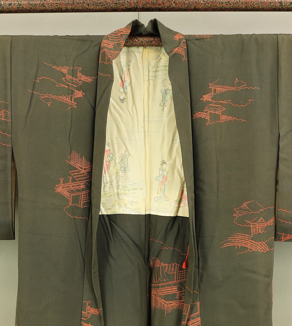 Haori Japanese Kimono Coat with Dark Brown color Pattern Clouds and Castles and Townspeople KI151 - Image 11