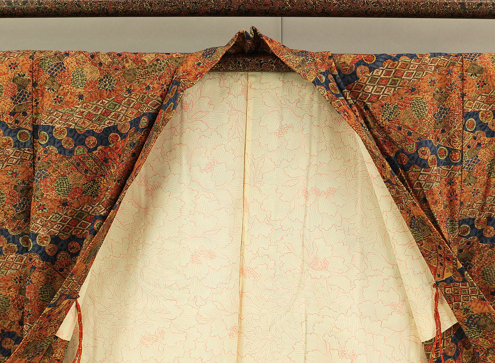 Haori Japanese Kimono Coat with Orange and Navy Blue color Pattern Hishigata Diamond Shape KI134 - Image 12