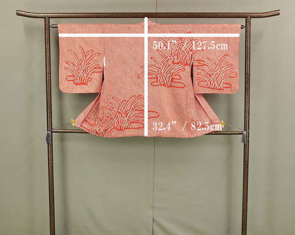 Haori Japanese Kimono Coat with Red and White color Crepe Pattern Kanoko Grass KI143 - Image 14