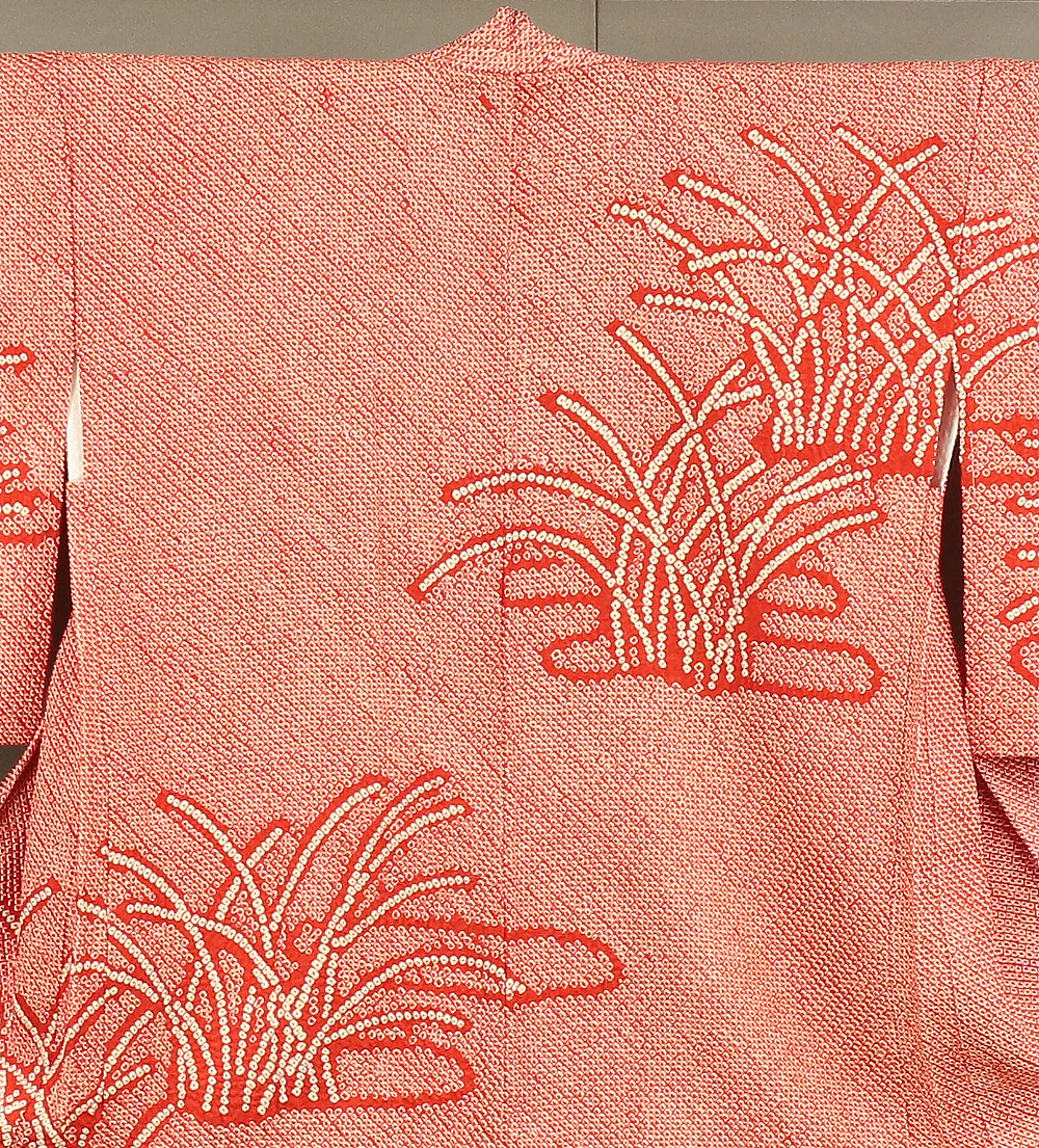 Haori Japanese Kimono Coat with Red and White color Crepe Pattern Kanoko Grass KI143 - Image 3