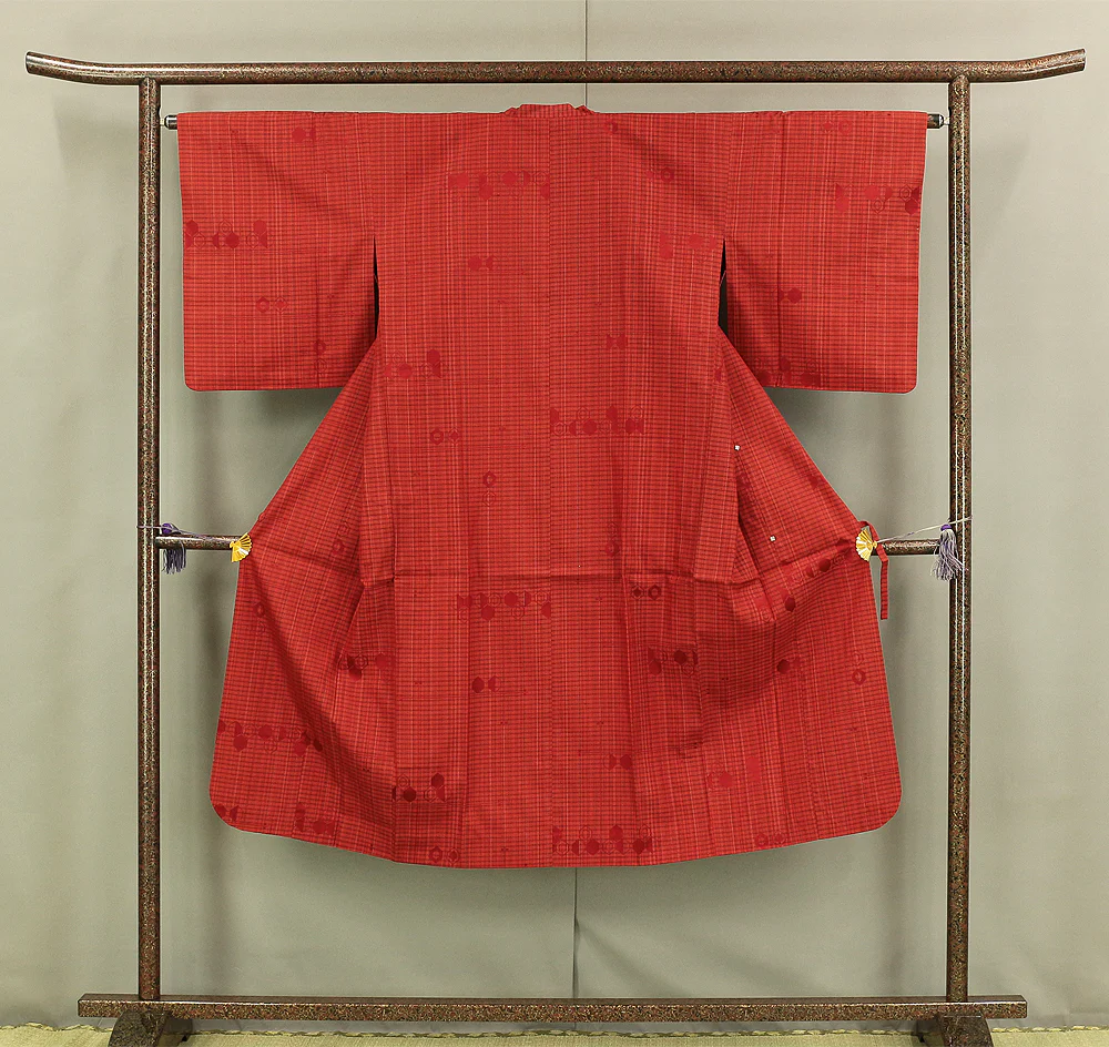 Haori Japanese Kimono Coat with Red color based Pattern Koushi Checked Kikko Hexagonal KI139