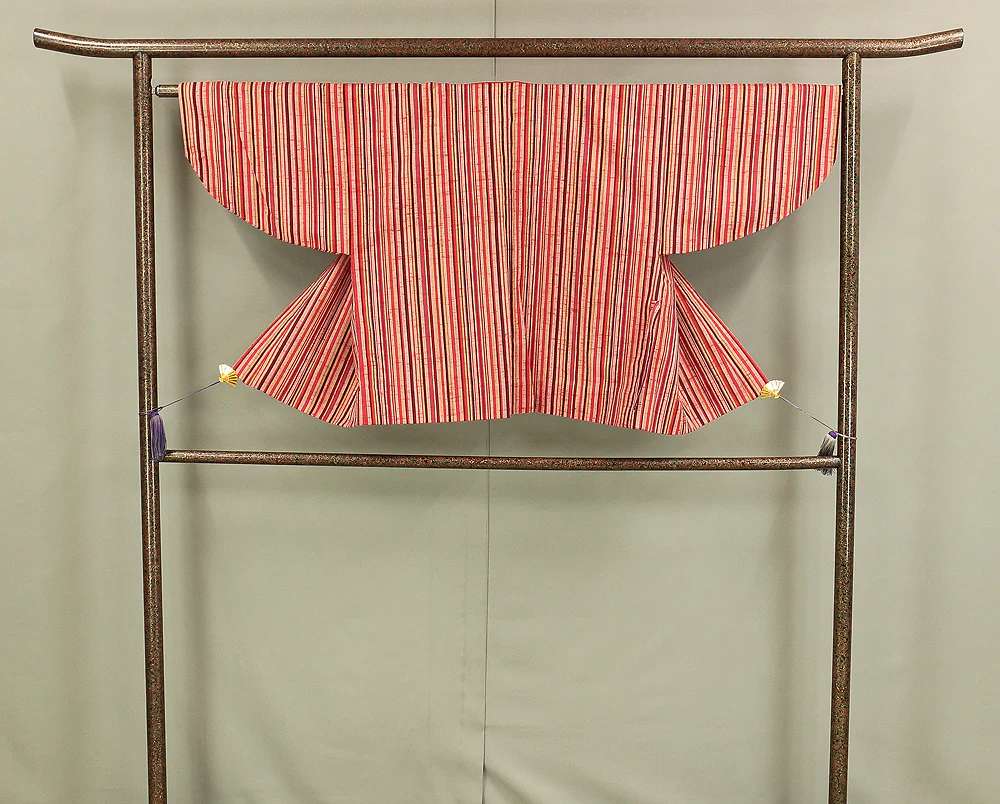 Haori Japanese Kimono Coat with Red Color based Pattern Shima Stripe with Elastic KI196