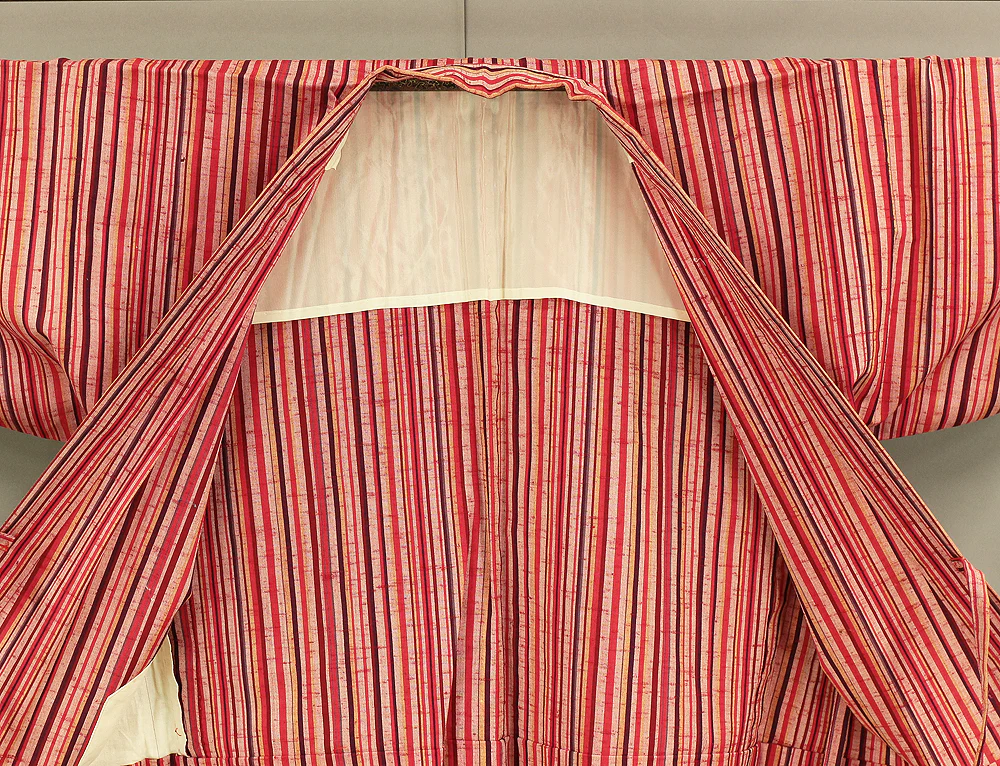 Haori Japanese Kimono Coat with Red Color based Pattern Shima Stripe with Elastic KI196 - Image 12