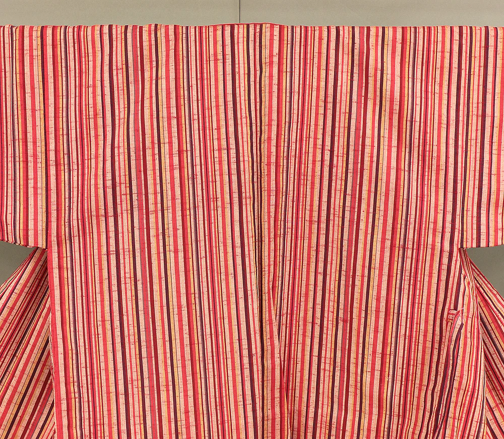 Haori Japanese Kimono Coat with Red Color based Pattern Shima Stripe with Elastic KI196 - Image 3