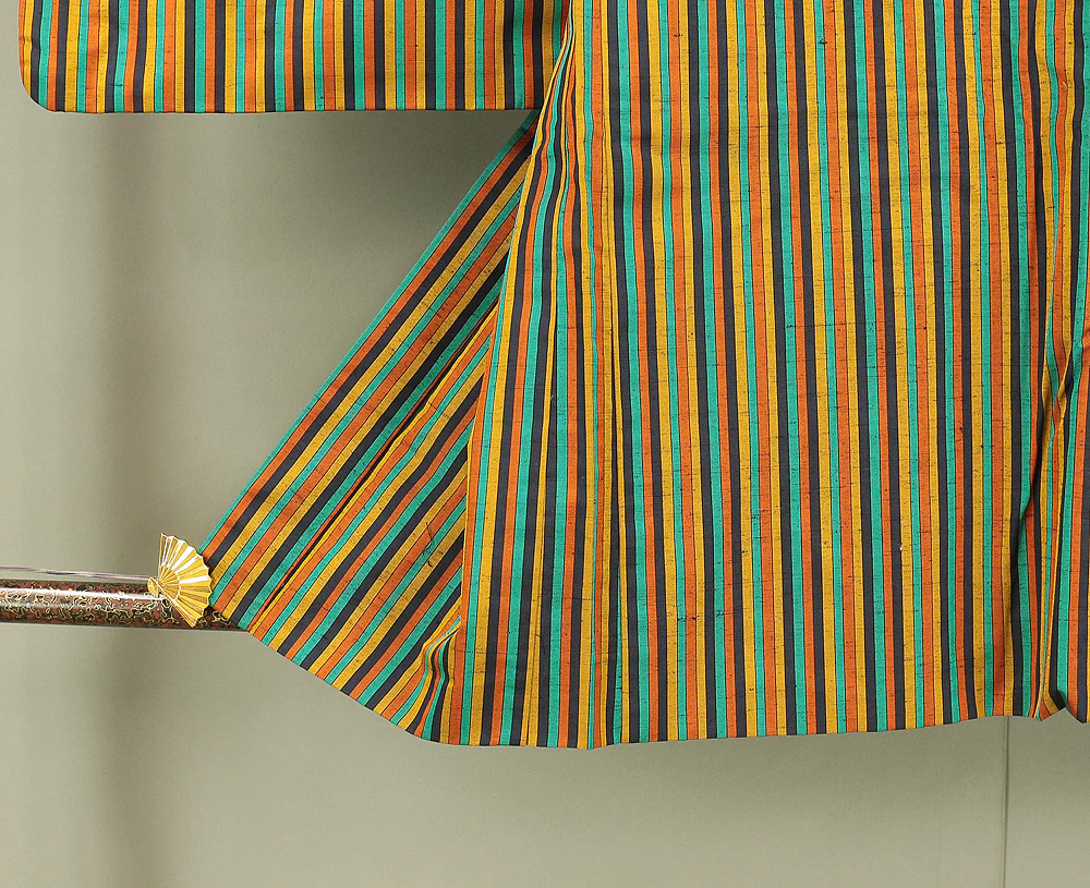 Haori Japanese Kimono Coat with Yellow Color based Pattern Shima Stripe KI178 - Image 7