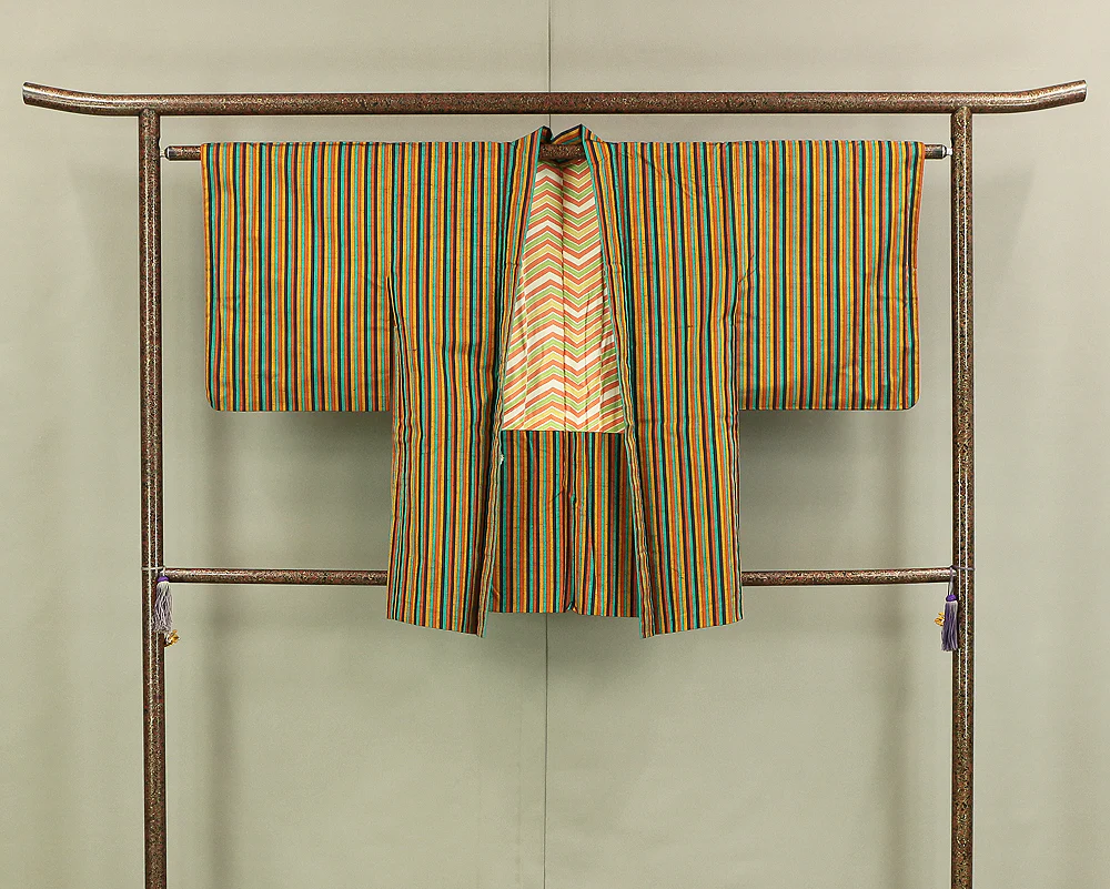 Haori Japanese Kimono Coat with Yellow Color based Pattern Shima Stripe KI178 - Image 9