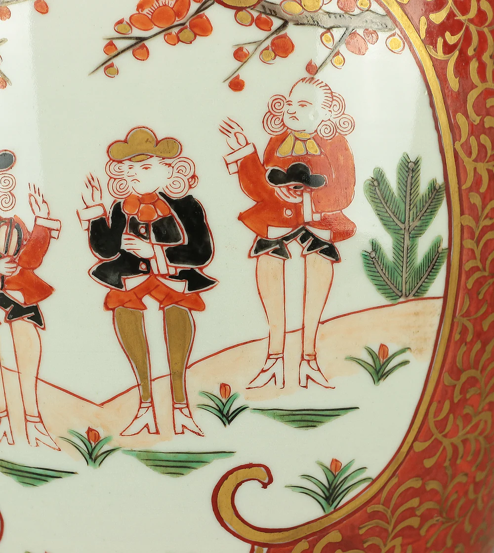 Imari Four Dutchmen Aka-e (Red Painting) Gold Decoration Double Square Marks 'Fuku 福' Flower Vase Pot VA198 - Image 10