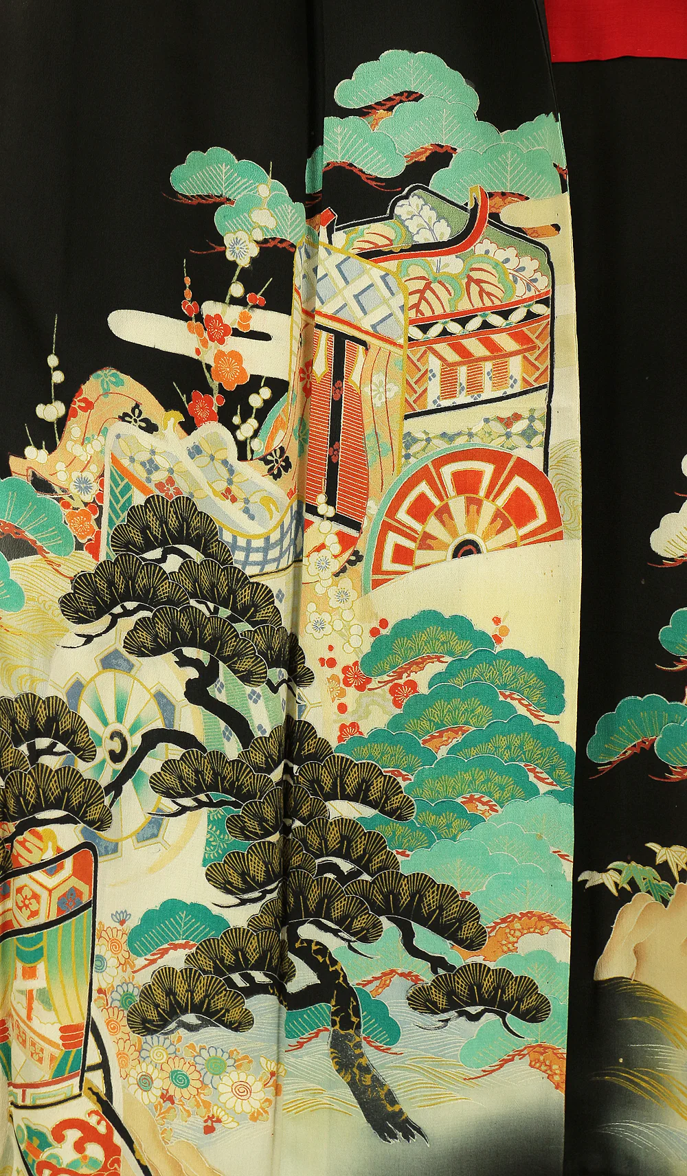 Japanese Kimono Kuro Tomesode (Black based the most formal kimono) with Black color Pattern Pine Bamboo Plum and Ox-Drawn Coach KI155 - Image 7
