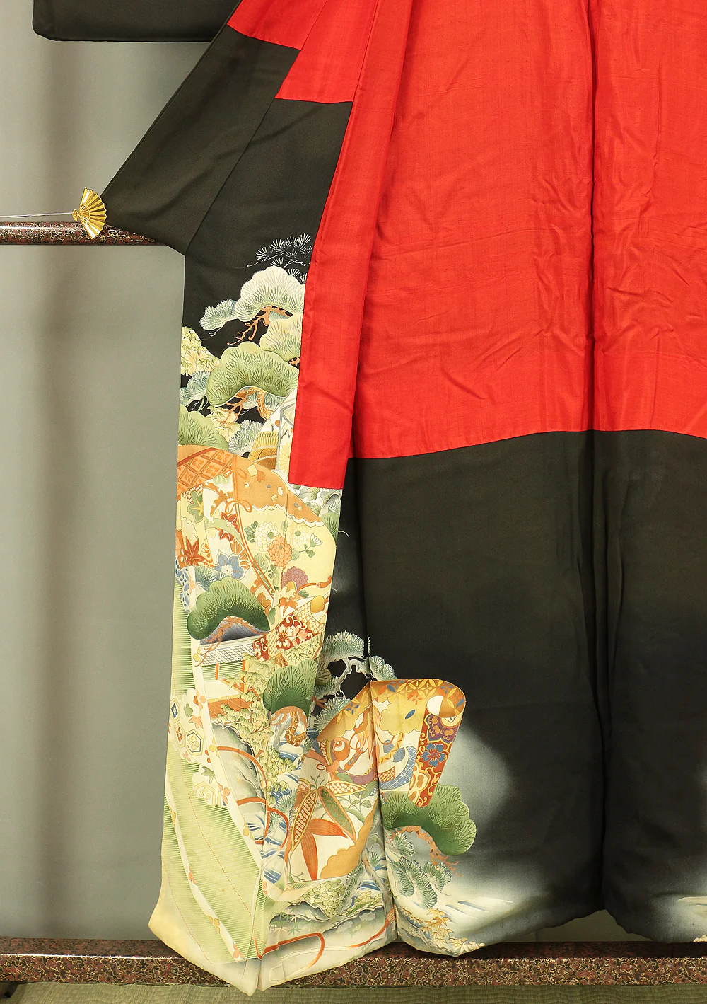 Japanese Kimono Kuro Tomesode (Black based the most formal kimono) with Black color Pattern Pine Bamboo Plum KI152 - Image 18