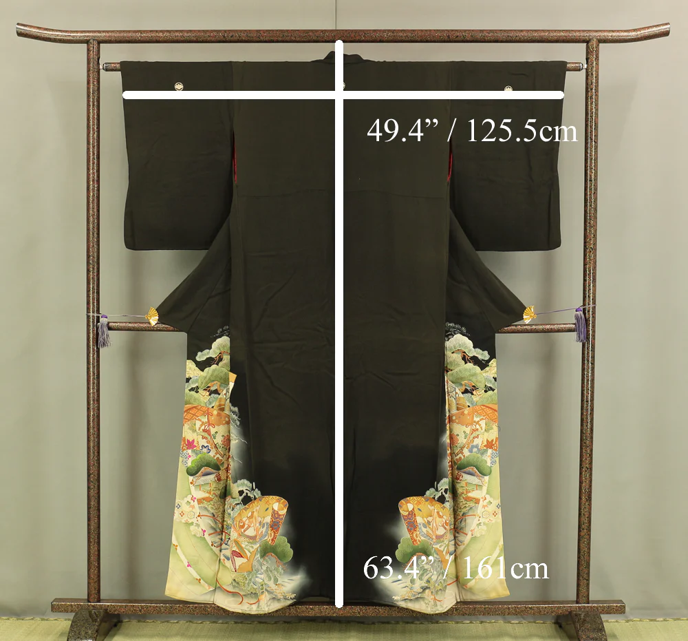 Japanese Kimono Kuro Tomesode (Black based the most formal kimono) with Black color Pattern Pine Bamboo Plum KI152 - Image 21