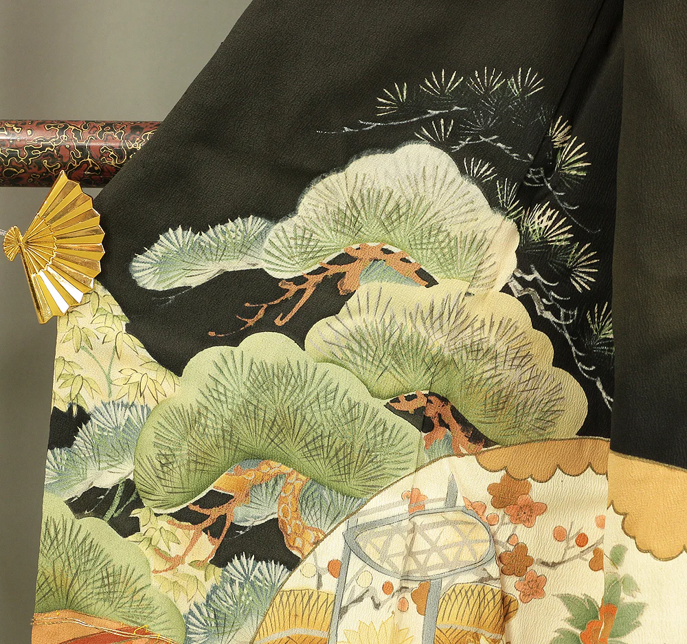 Japanese Kimono Kuro Tomesode (Black based the most formal kimono) with Black color Pattern Pine Bamboo Plum KI152 - Image 7