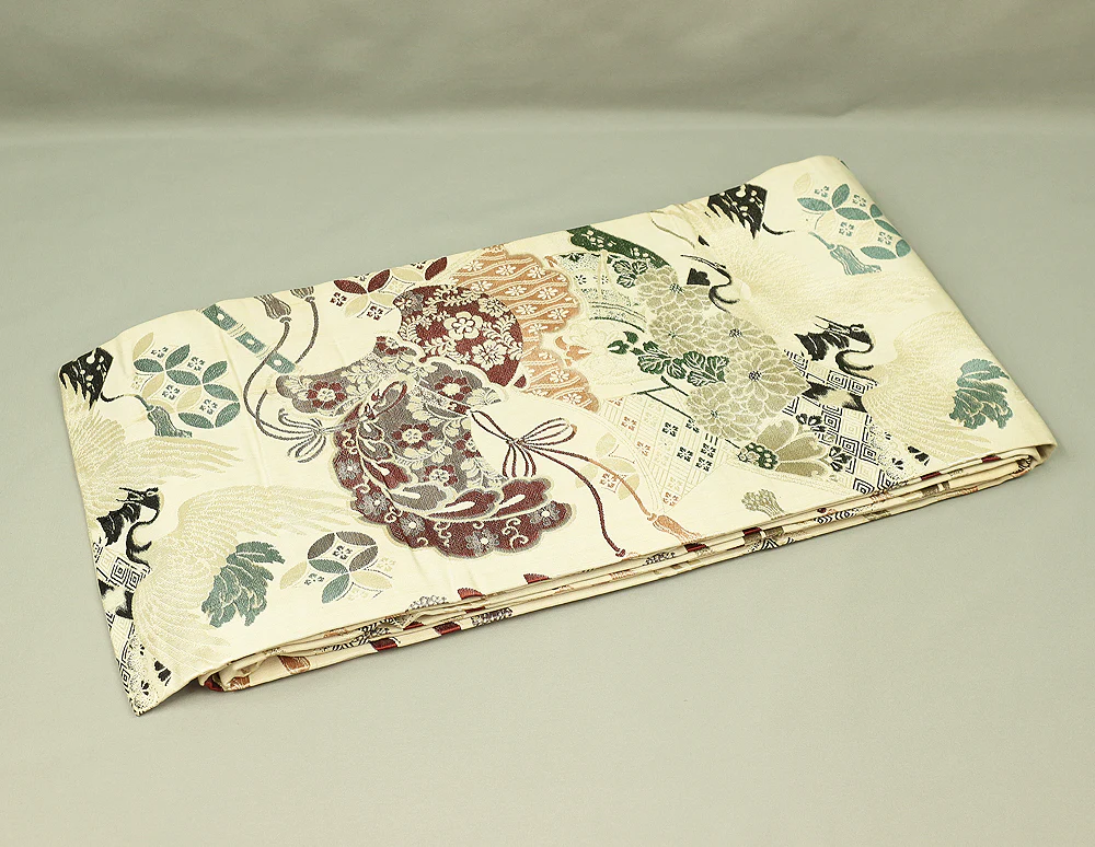 Japanese kimono obi belt Nagoya obi with Cream Colour Based Crane, Chrysanthemum, and Cloisonne Pattern VA506