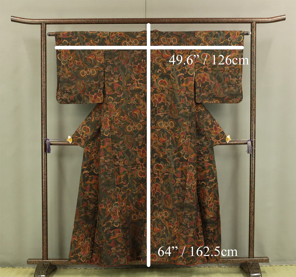 Japanese Kimono with Brown based color Pattern Phoenix and Flower KI150 - Image 17
