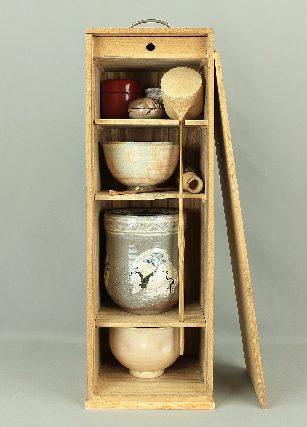 Japanese Portable Tea Ceremony Chest Box "Tanzaku Bako" & Tea Utensils Set Mizusashi, Tea Bowl, Ladle, Tea scoop, Natsume, Futaoki, etc V646 - Image 15