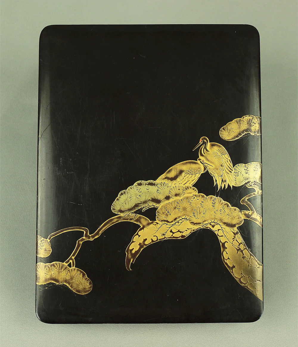 Japanese Suzuribako (Inkstone Box) design of Gold Lacquered Makie 'Crane and Pine Tree' VA183