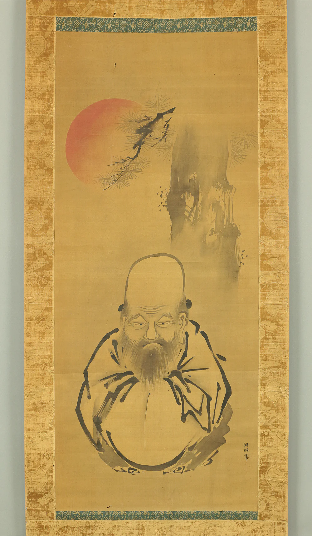 狩野洞琳 KANO DORIN Kano school Japanese antique art kakejiku kakemono  wall hanging scroll / Fukurokuju, Rising sun & Pine Tree with Box E775 - Image 3