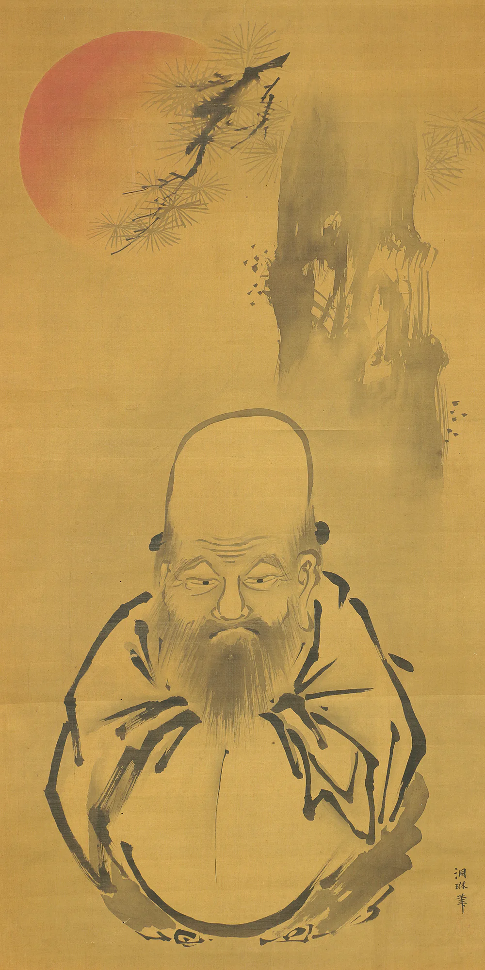 狩野洞琳 KANO DORIN Kano school Japanese antique art kakejiku kakemono  wall hanging scroll / Fukurokuju, Rising sun & Pine Tree with Box E775 - Image 5