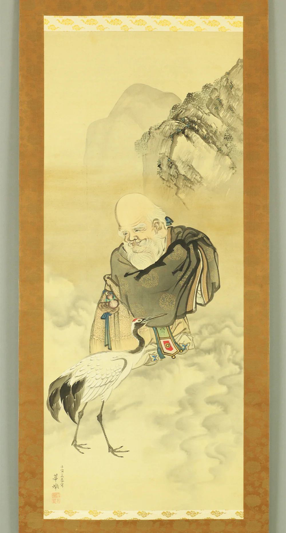 河辺華挙 KAWABE KAKYO Japanese art kakejiku kakemono wall hanging scroll / Sennin Hermit Fukurokuju God & Crane on Cloud Heaven Box I505 - Image 3