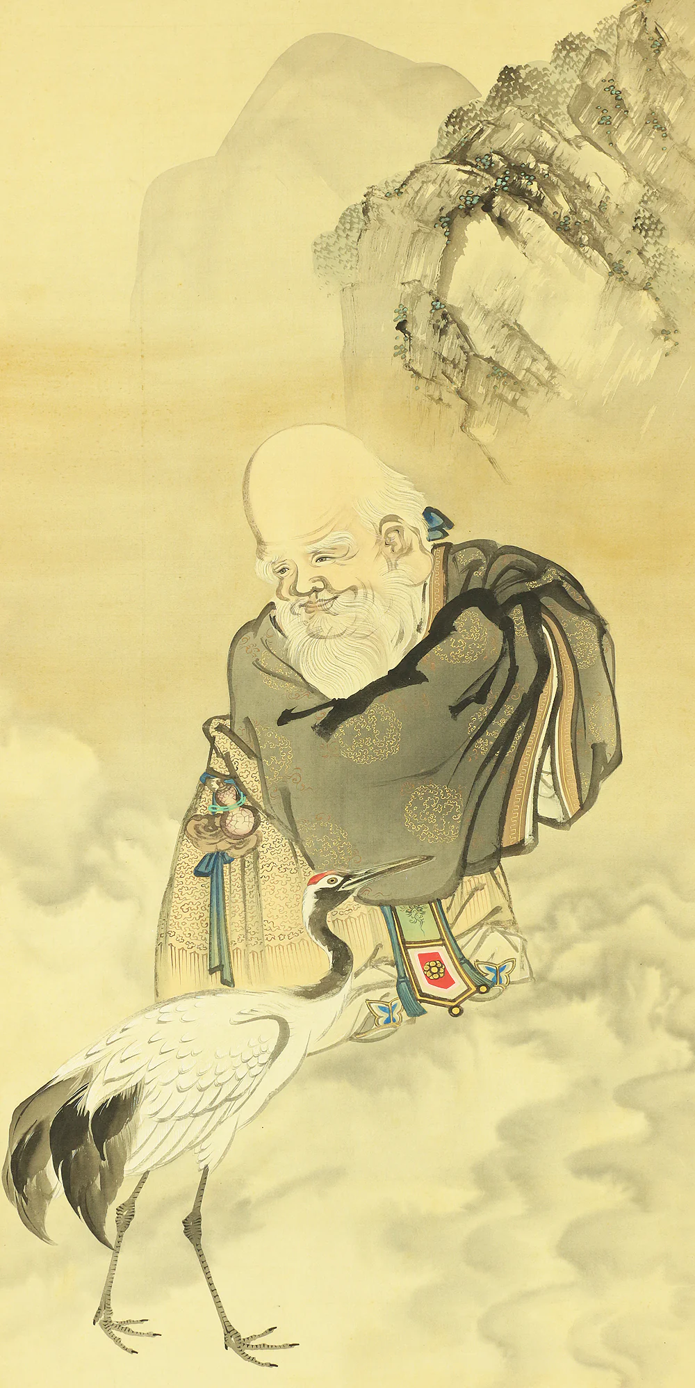 河辺華挙 KAWABE KAKYO Japanese art kakejiku kakemono wall hanging scroll / Sennin Hermit Fukurokuju God & Crane on Cloud Heaven Box I505 - Image 5