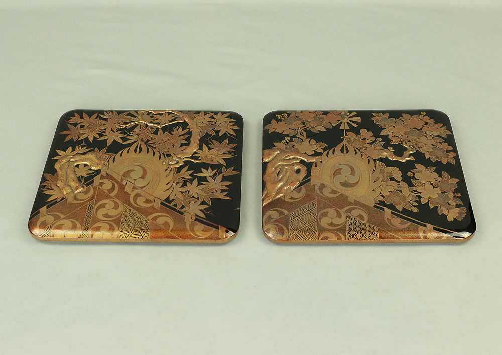 Kin Makie Gold Lacquer Five-Tiered Box Jubako 'Sun Disk (Nichirin), Camp Enclosure (Jinmaku), Cherry blossoms, Autumn Leaves, and Carriage' with Storage Box VA609 - Image 39