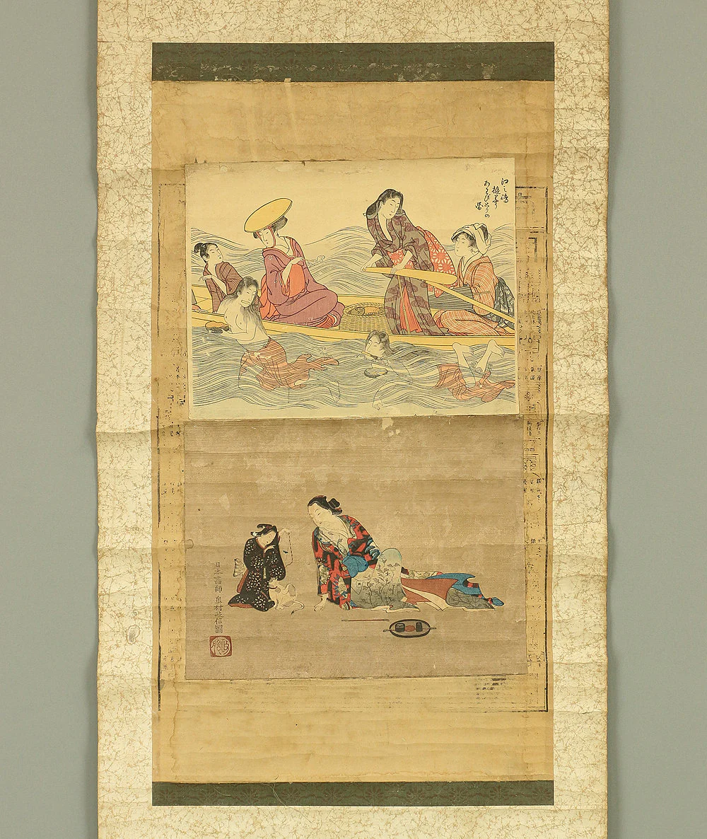 喜多川歌麿 Kitagawa Utamaro,奥村政信 Okumura Masanobu Japanese antique art Two attached woodblock prints hanging scroll Ukiyo-e beauty - Image 3