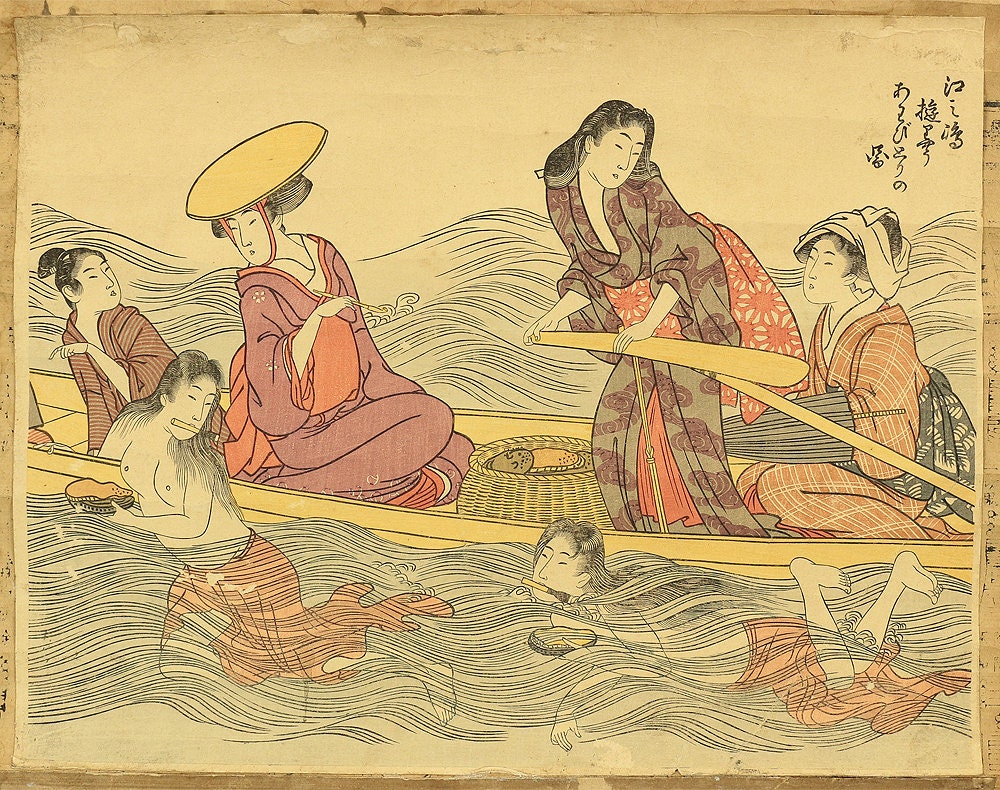 喜多川歌麿 Kitagawa Utamaro,奥村政信 Okumura Masanobu Japanese antique art Two attached woodblock prints hanging scroll Ukiyo-e beauty - Image 5
