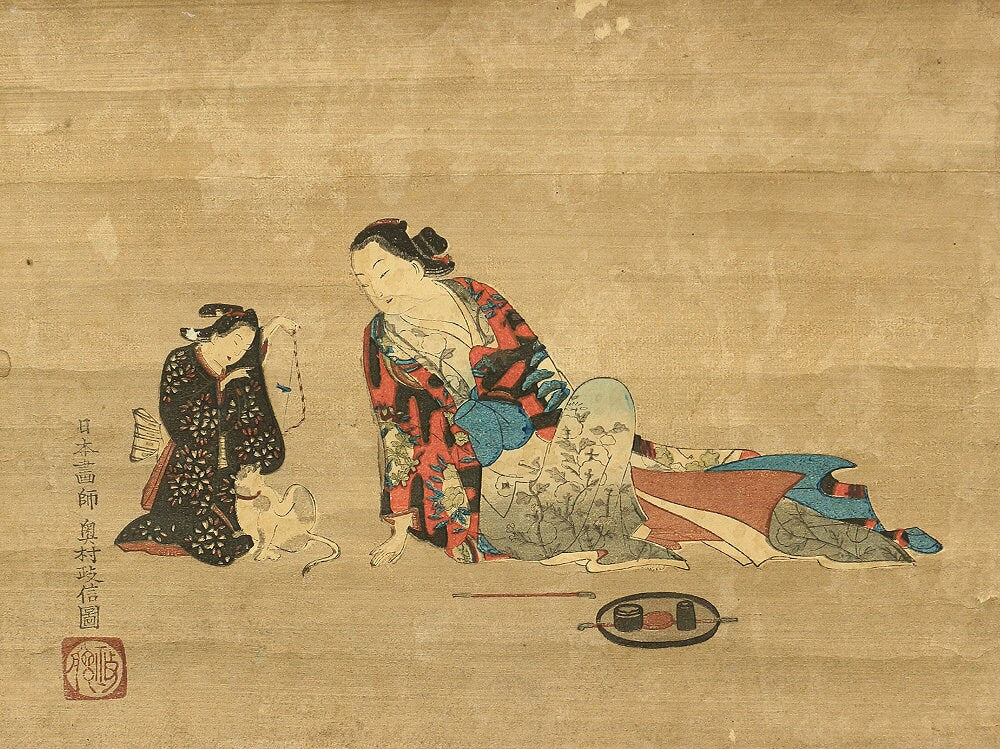 喜多川歌麿 Kitagawa Utamaro,奥村政信 Okumura Masanobu Japanese antique art Two attached woodblock prints hanging scroll Ukiyo-e beauty - Image 7