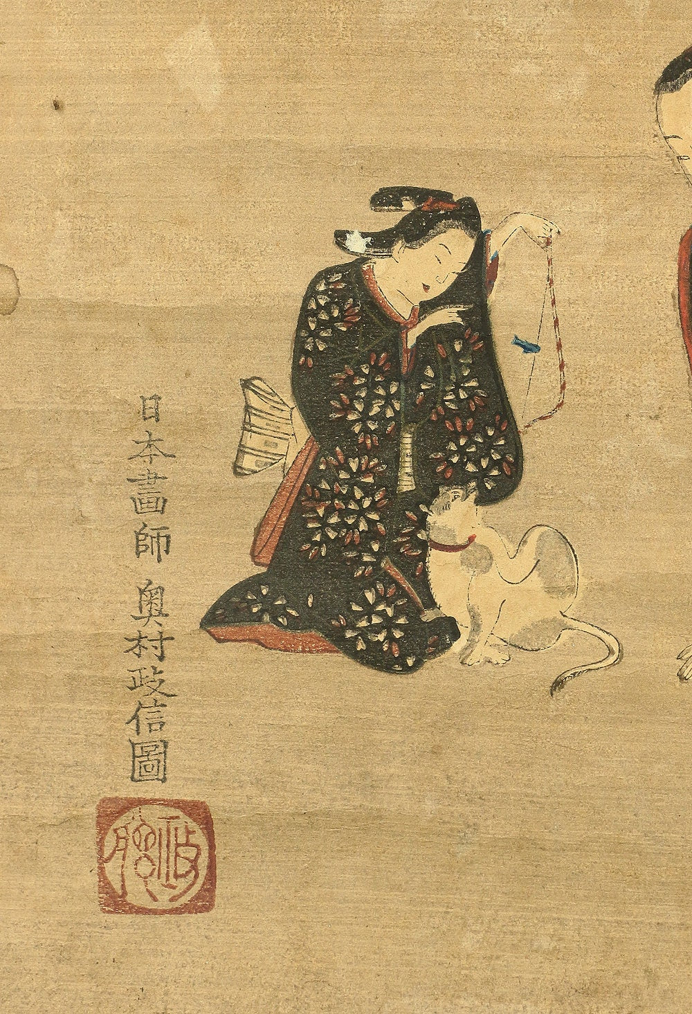喜多川歌麿 Kitagawa Utamaro,奥村政信 Okumura Masanobu Japanese antique art Two attached woodblock prints hanging scroll Ukiyo-e beauty - Image 8