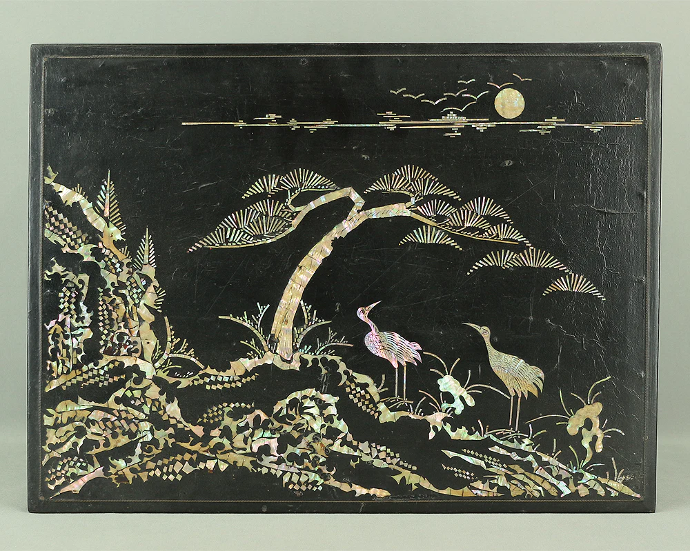 Korean Antique Art decorative Flower stand inlaid Raden, mother of pearl / Moon, Cranes, Pine Tree Scenery design V685 - Image 3