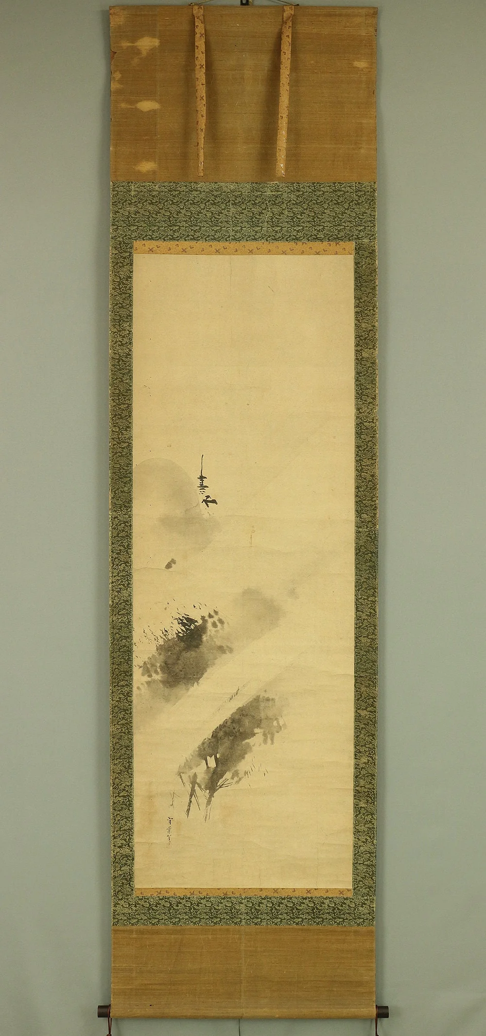 久隅守景 Kusumi Morikage 1620-1690 Suiboku Ink brush pagoda and rainy landscape Sansui with Box W130 / Japanese antique art hanging scroll - Image 2