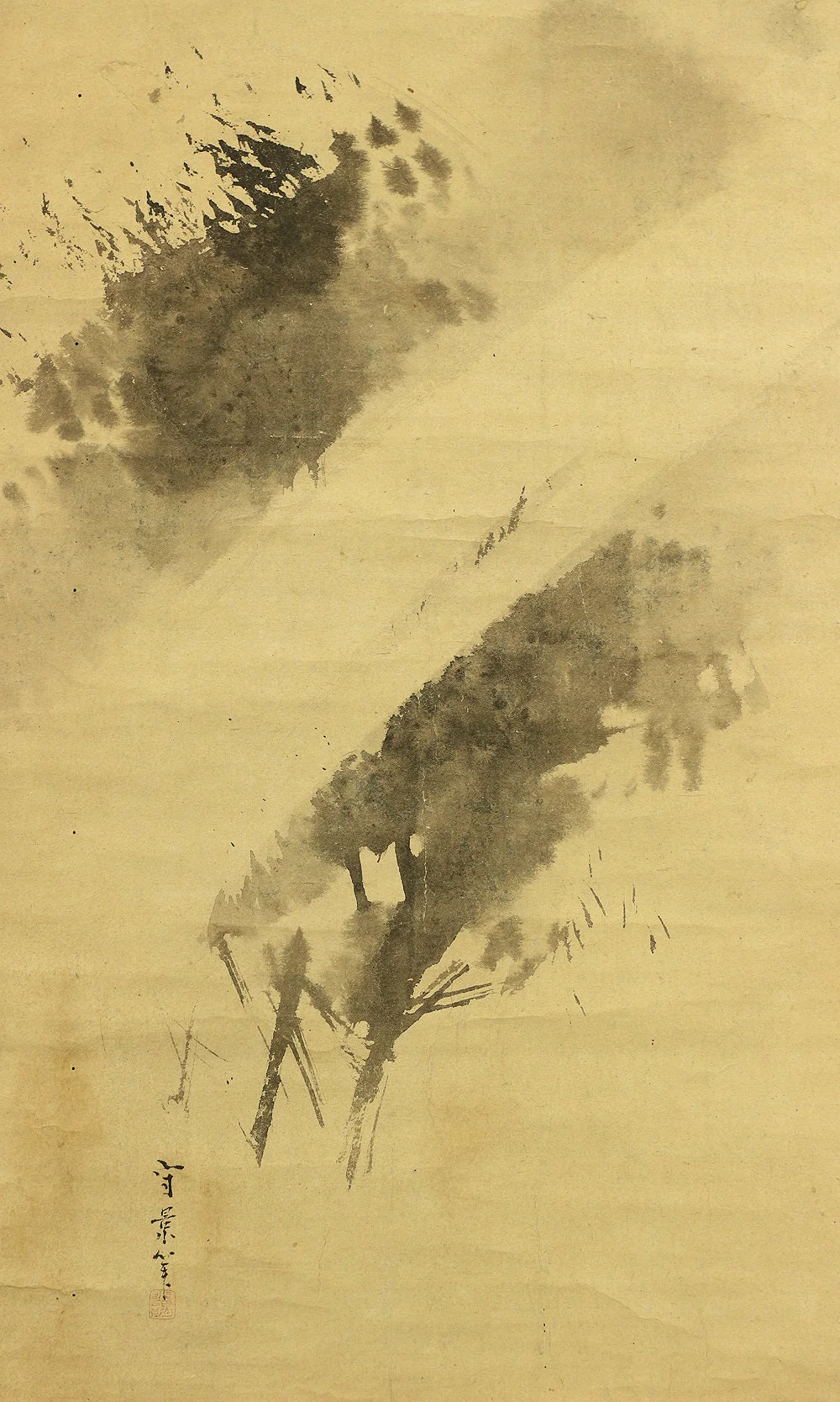 久隅守景 Kusumi Morikage 1620-1690 Suiboku Ink brush pagoda and rainy landscape Sansui with Box W130 / Japanese antique art hanging scroll - Image 7