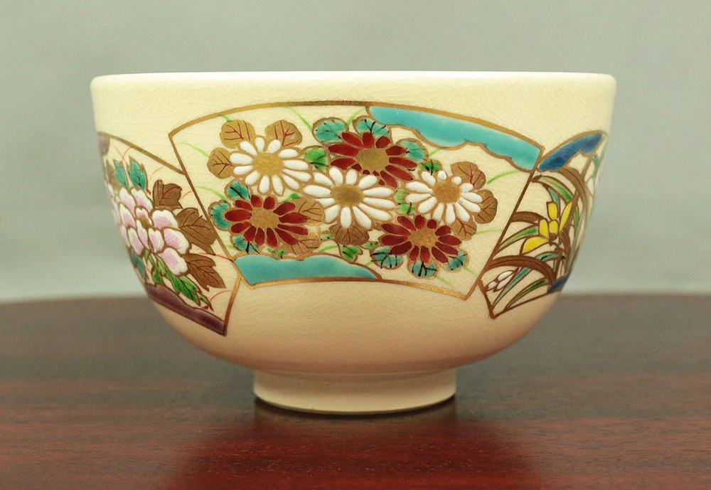 京 KYO ware Tea Bowl Beautiful Flowers Design 陶楽 TORAKU Tea Ceremony Box V387/ Japan Art Traditional Kiln Craft Culture Pottery Chaki Matcha - Image 3