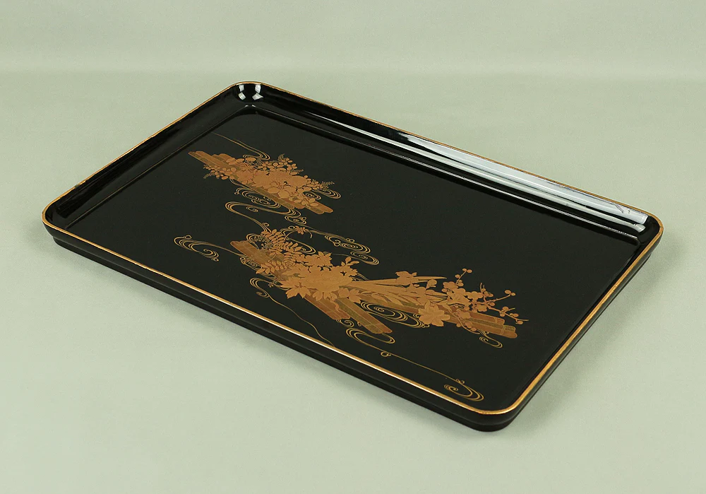 Makie Gold Lacquer Japanese Tray (Obon) design of Fowers Chrysanthemum Bush Clovers Plum with Box VA169