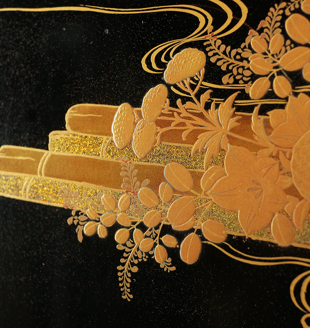 Makie Gold Lacquer Japanese Tray (Obon) design of Fowers Chrysanthemum Bush Clovers Plum with Box VA169 - Image 10